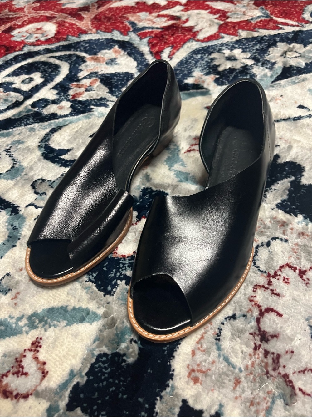 Black Genuine Leather Open-Toe Flats with wood trim